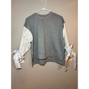 Alpha Omega Grey Mixed‎ Media Sweatshirt White Poplin Tie Sleeve Top Medium